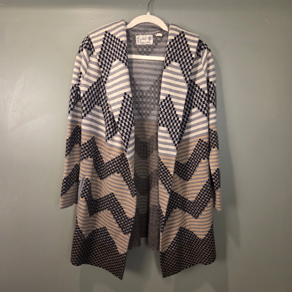 Athropologie Field & Flower Chevron Open Front Hooded Cardigan Wool Blend Size S
